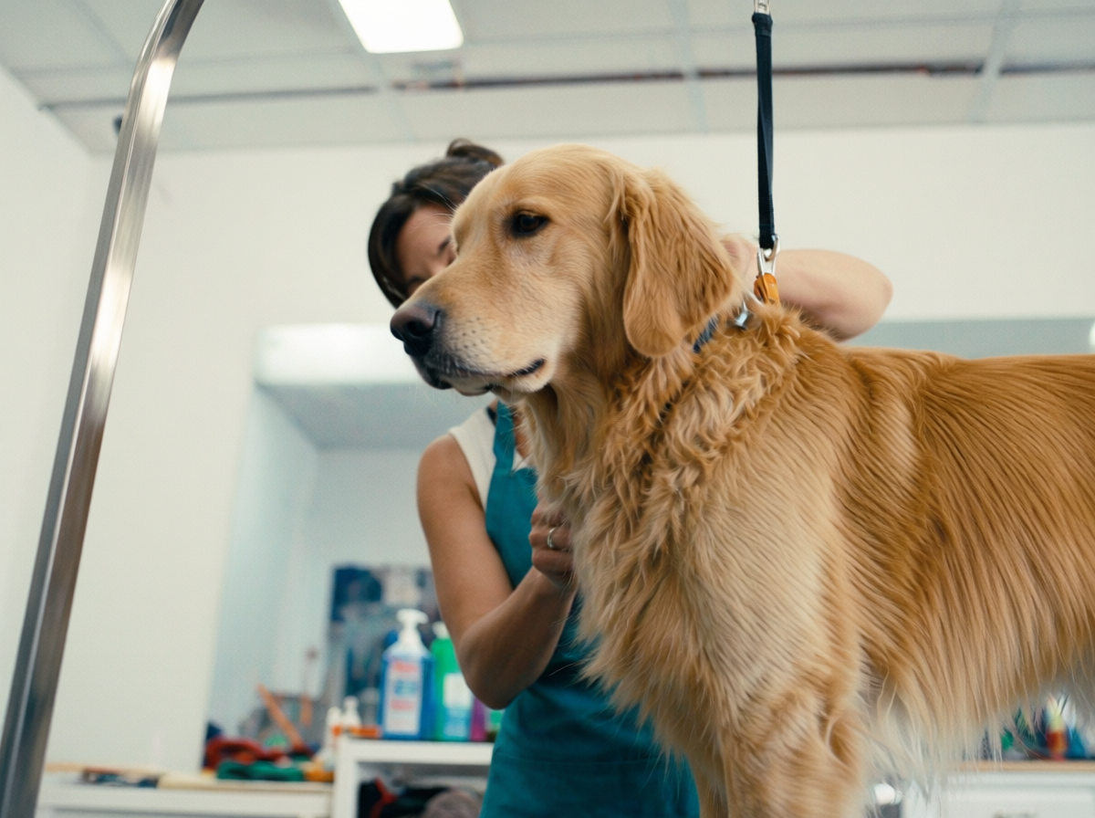 Groomer working with a golden retriever on the grooming table