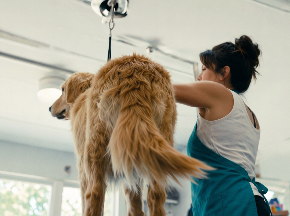 Groomer brushing out a golden retriever's coat