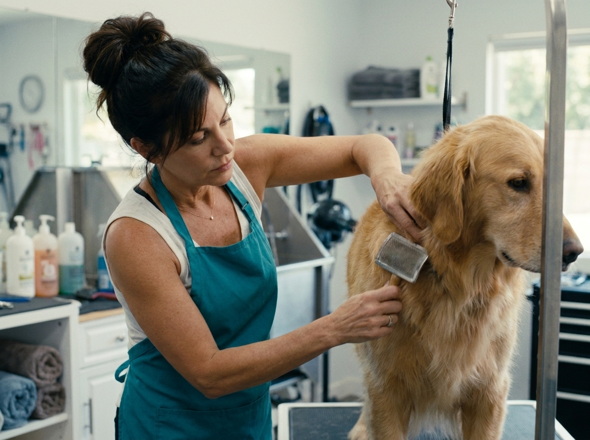 Groomer using a slicker brush on a golden retriever